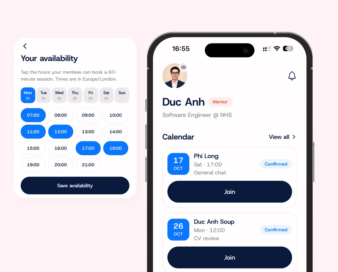 A mentor availability picker next to a calendar of confirmed mentoring sessions.