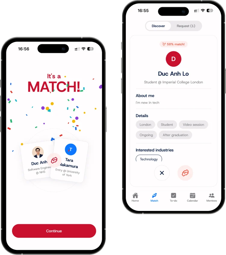 Two Laddr app screens: a match screen and a mentee profile card.