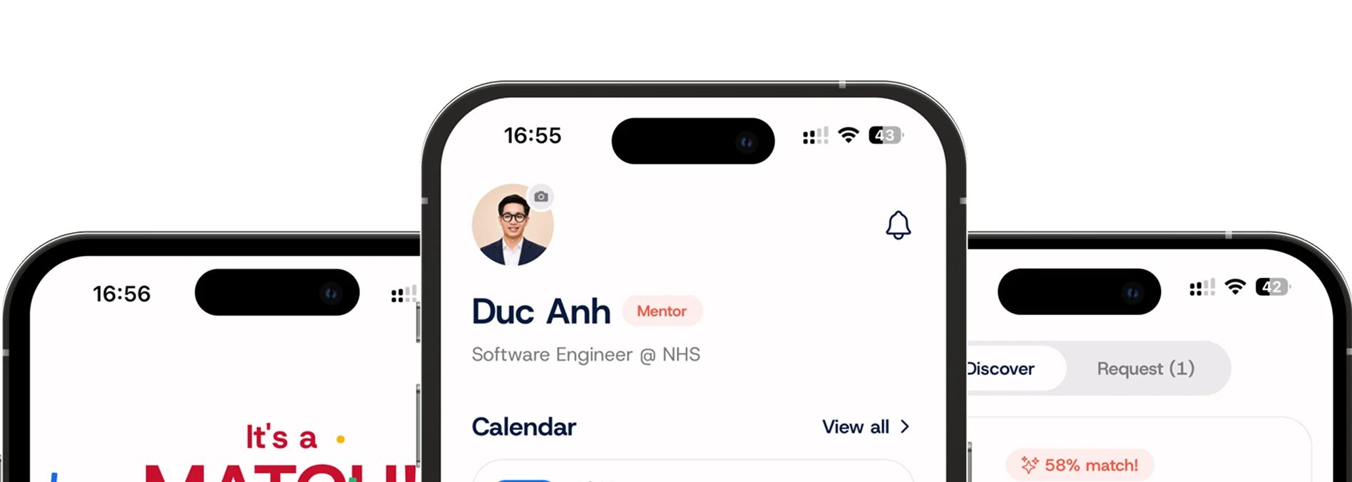 Three phone screens from the Laddr app: a match screen, a mentor home screen with a calendar, and the Discover tab showing a 58% match.