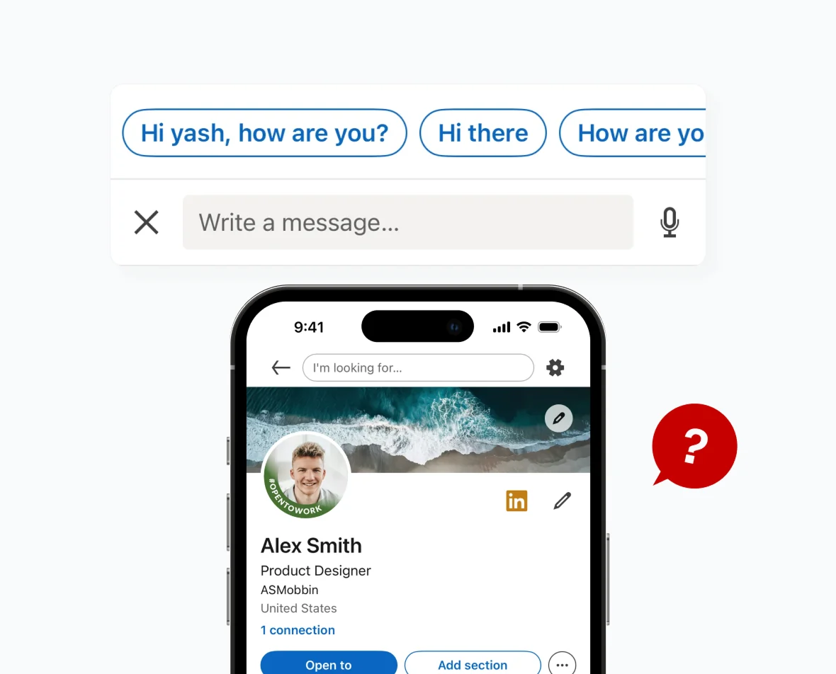 A LinkedIn profile with an unanswered message box and a red question mark.